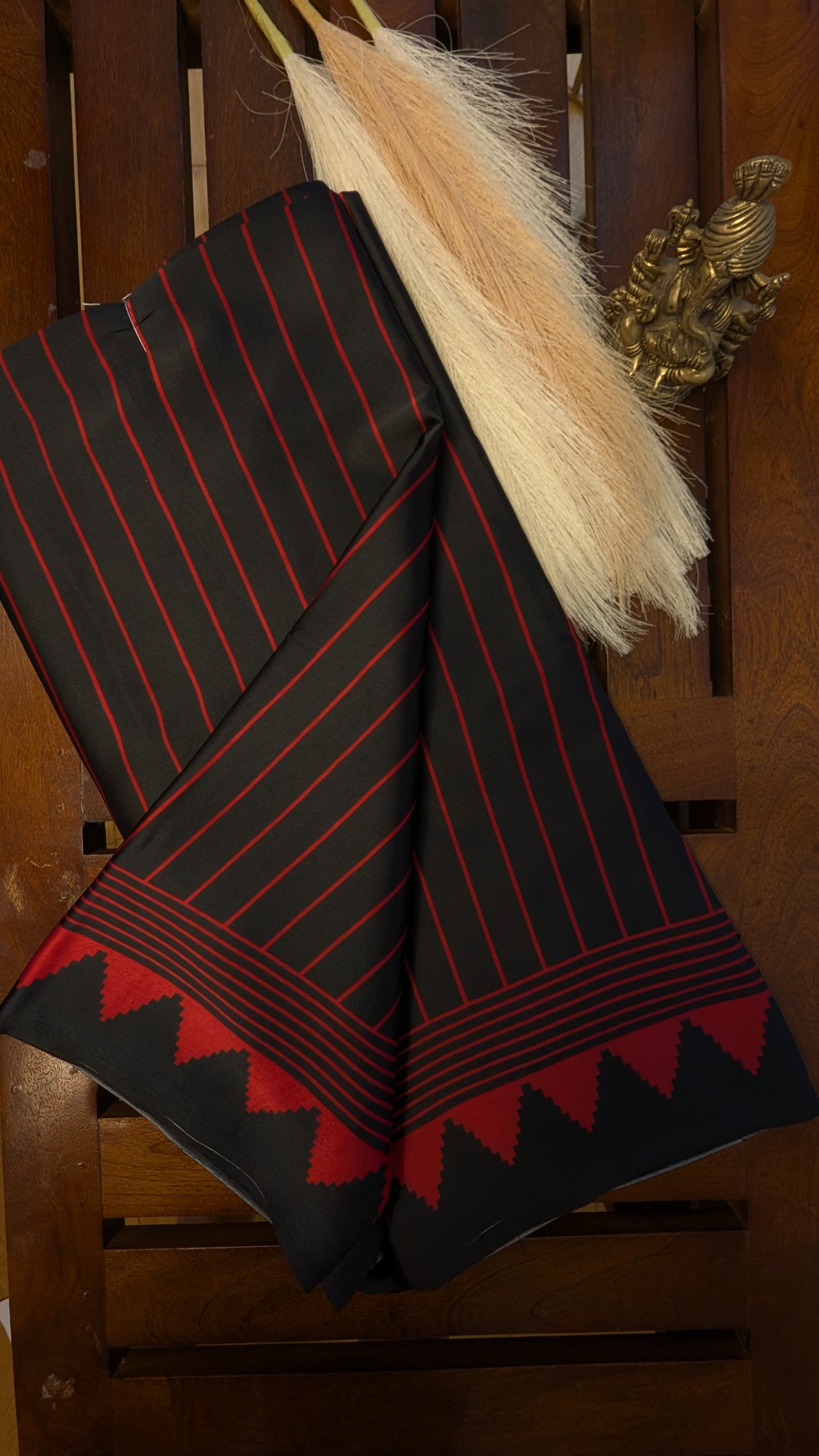 Black and Red Stripes Sateen Silk Saree