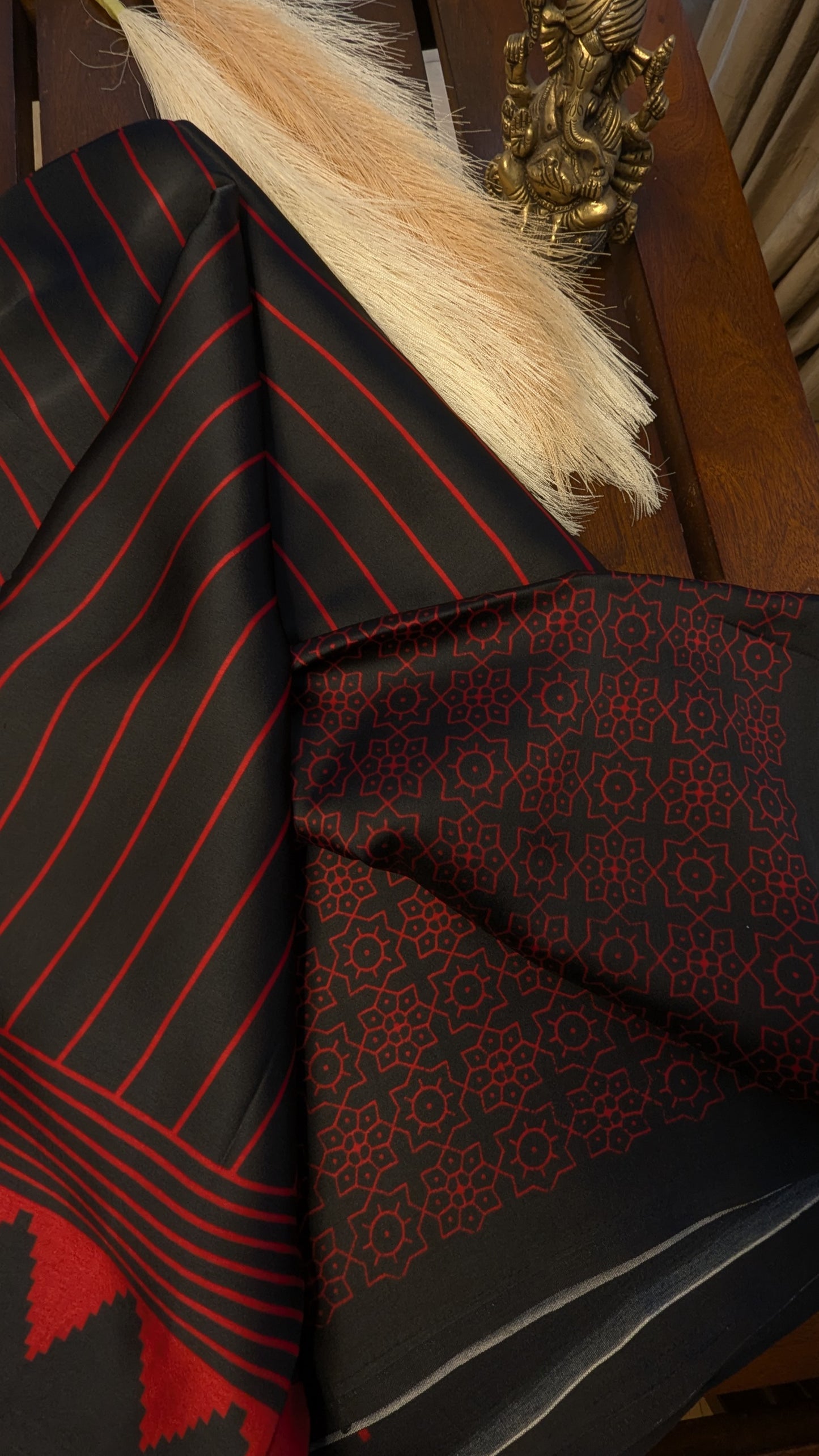 Black and Red Stripes Sateen Silk Saree