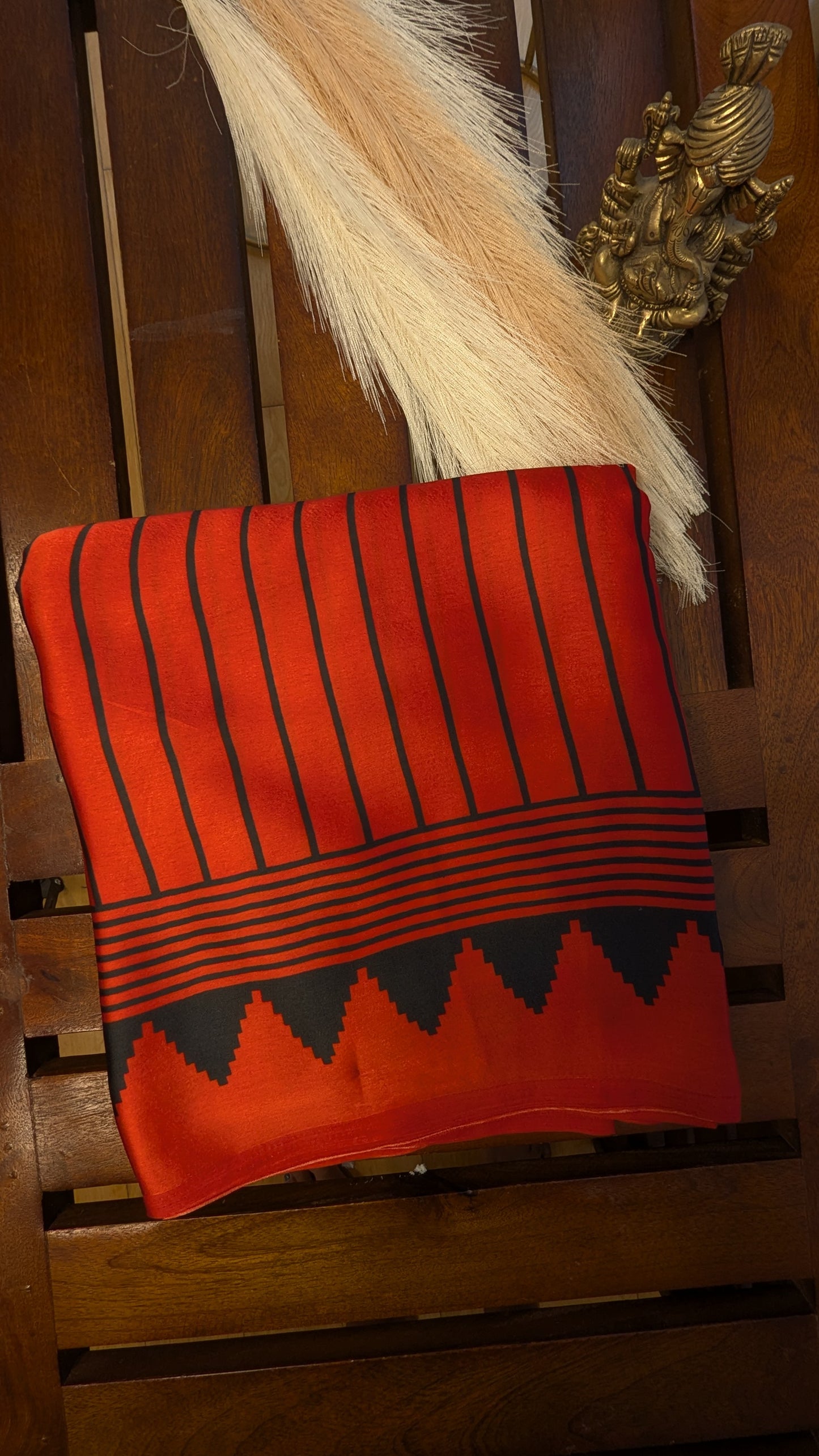 Red and Black Stripes Sateen Silk Saree