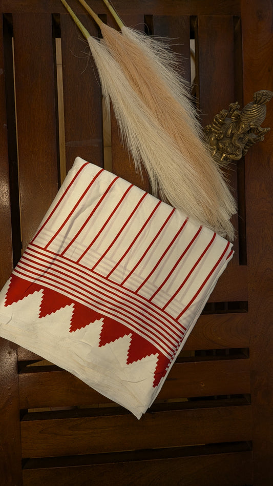 White and Red Stripes Sateen Silk Saree