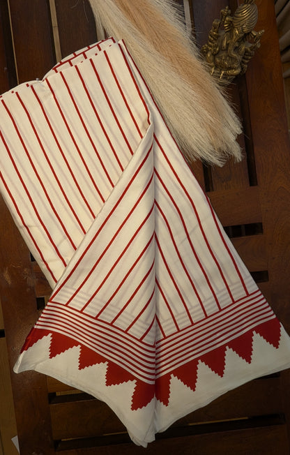 White and Red Stripes Sateen Silk Saree