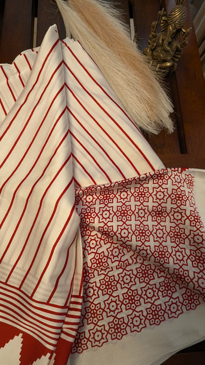 White and Red Stripes Sateen Silk Saree