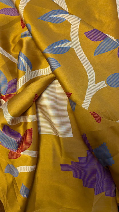 Mustard Digital Print Sateen Silk Saree