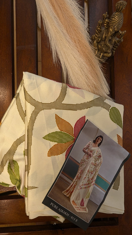 Cream Digital Print Sateen Silk Saree