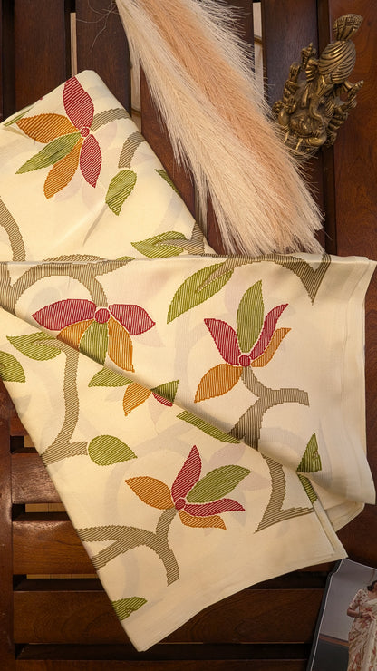 Cream Digital Print Sateen Silk Saree