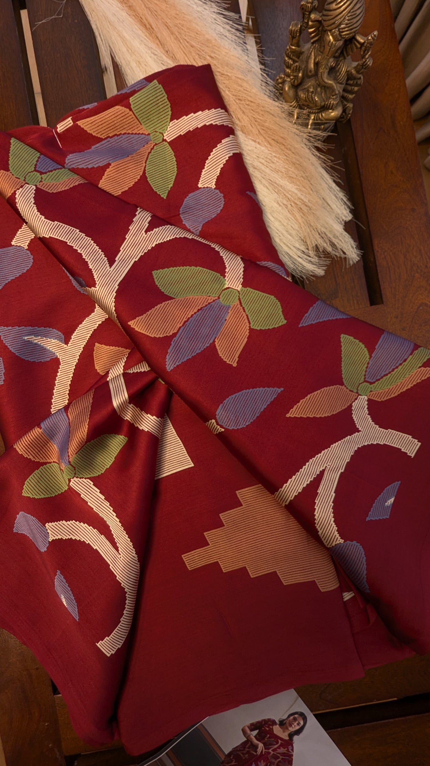 Maroon Digital Print Sateen Silk Saree