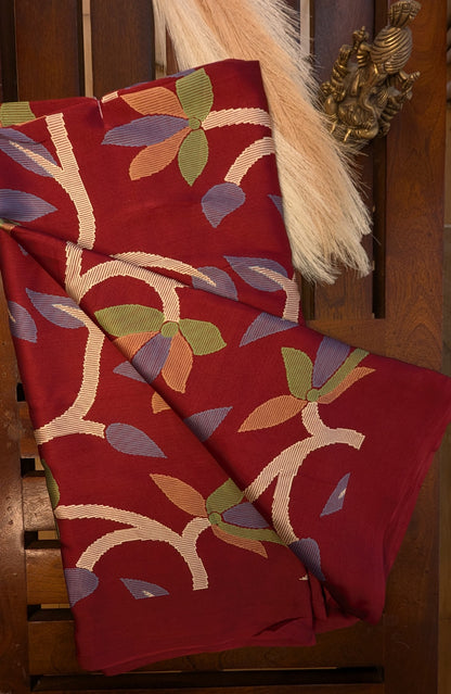 Maroon Digital Print Sateen Silk Saree