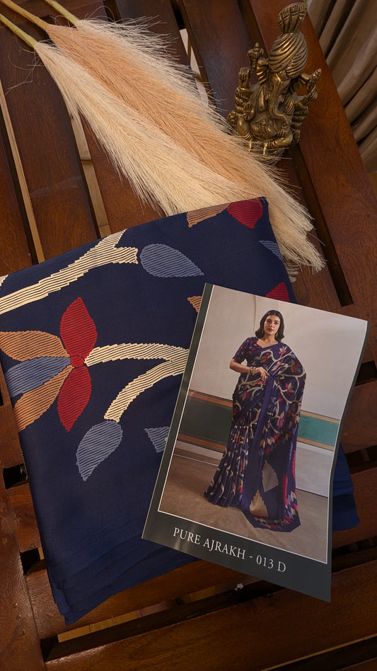 Navy Blue Digital Print Sateen Silk Saree