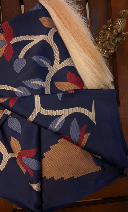 Navy Blue Digital Print Sateen Silk Saree