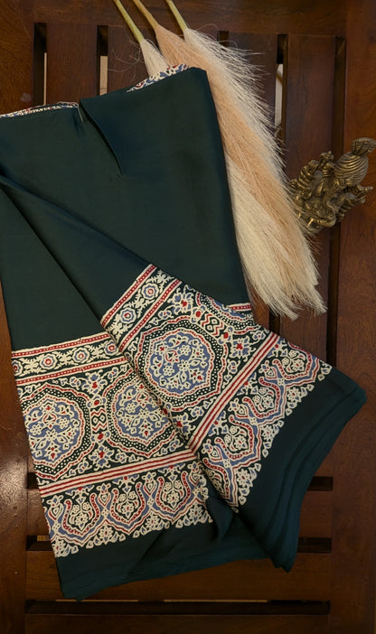 Bottle Green with Ajrakh Border Sateen Silk Saree