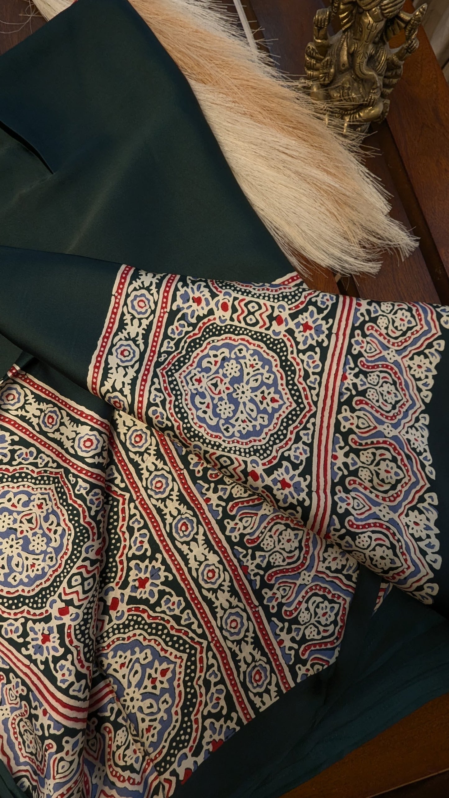 Bottle Green with Ajrakh Border Sateen Silk Saree