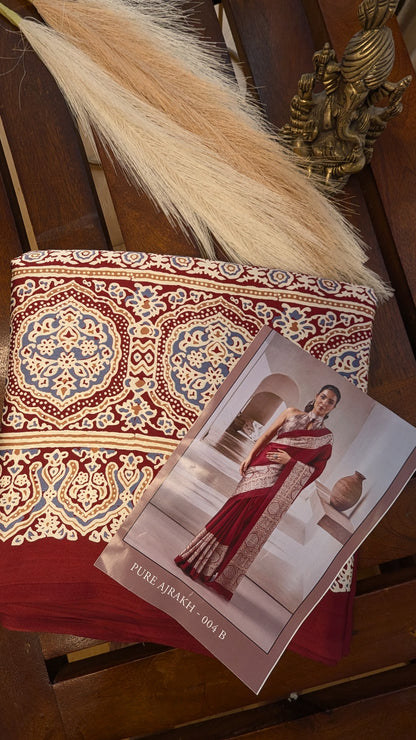 Maroon Red and Ajrakh Border Sateen Silk Saree