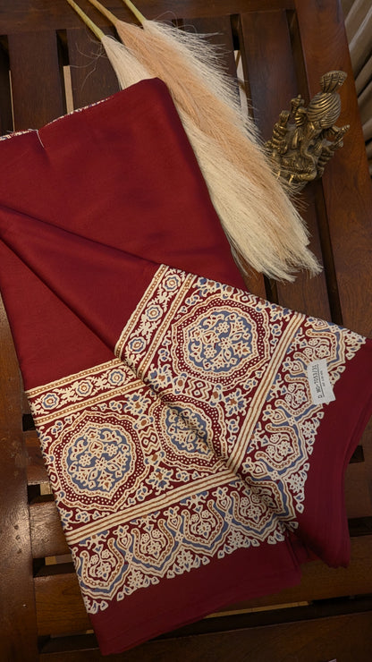 Maroon Red and Ajrakh Border Sateen Silk Saree