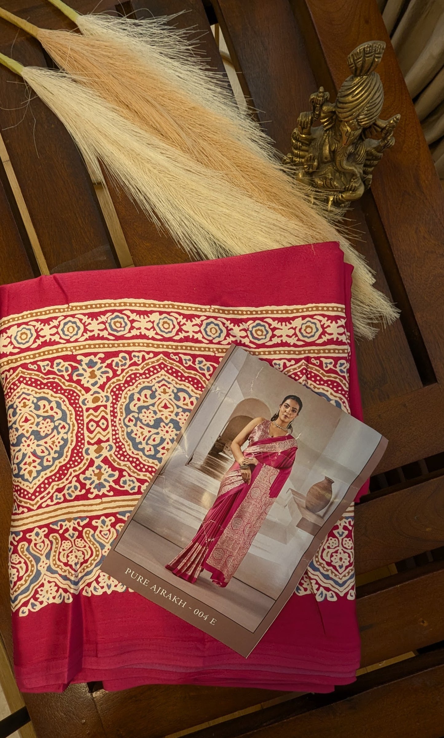 Pink and Ajrakh Border Sateen Silk Saree