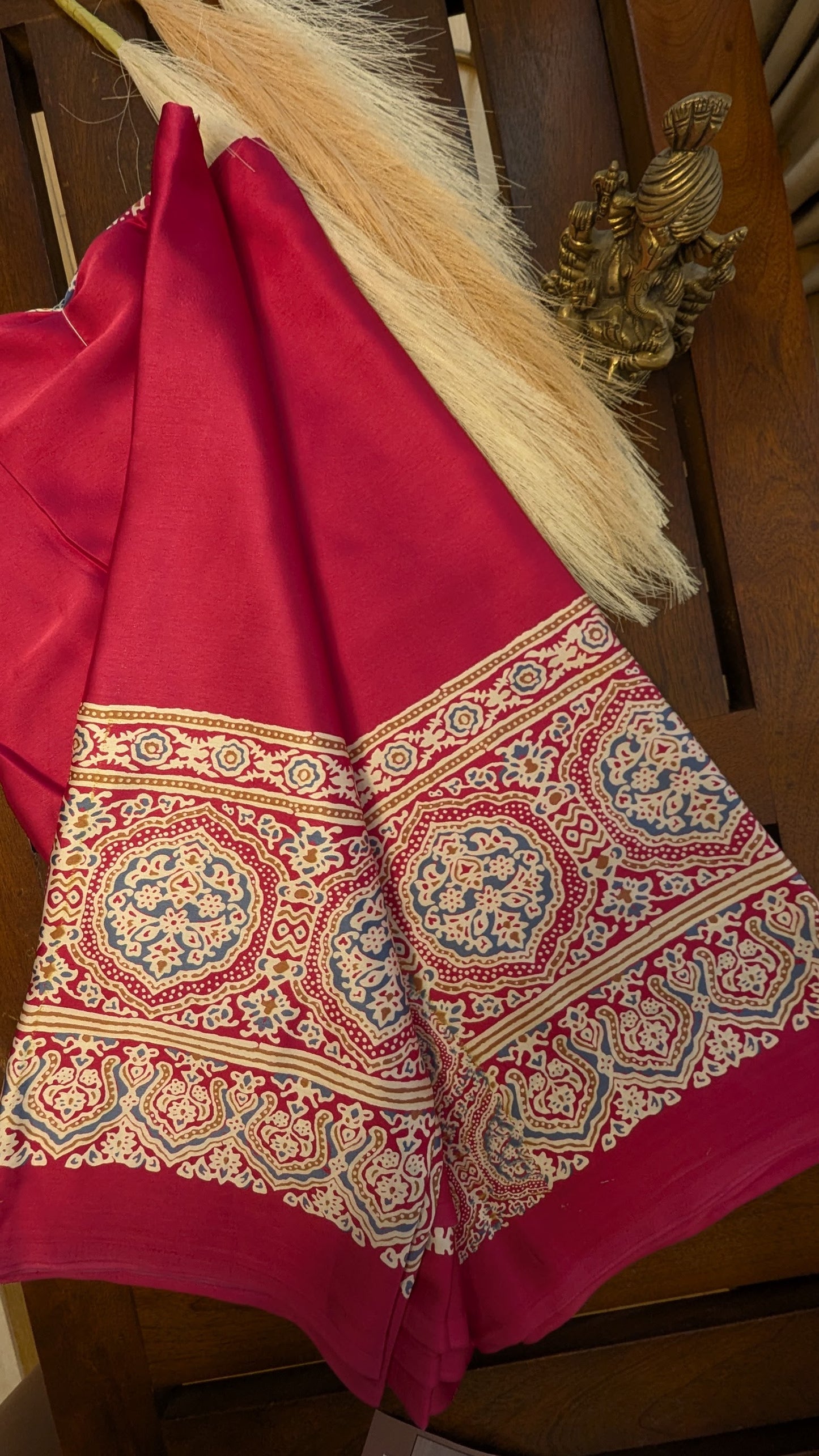 Pink and Ajrakh Border Sateen Silk Saree