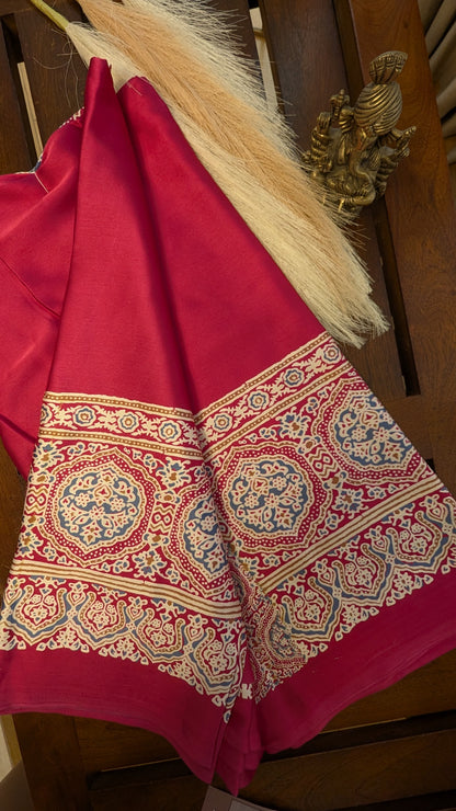 Pink and Ajrakh Border Sateen Silk Saree
