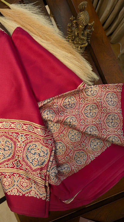 Pink and Ajrakh Border Sateen Silk Saree
