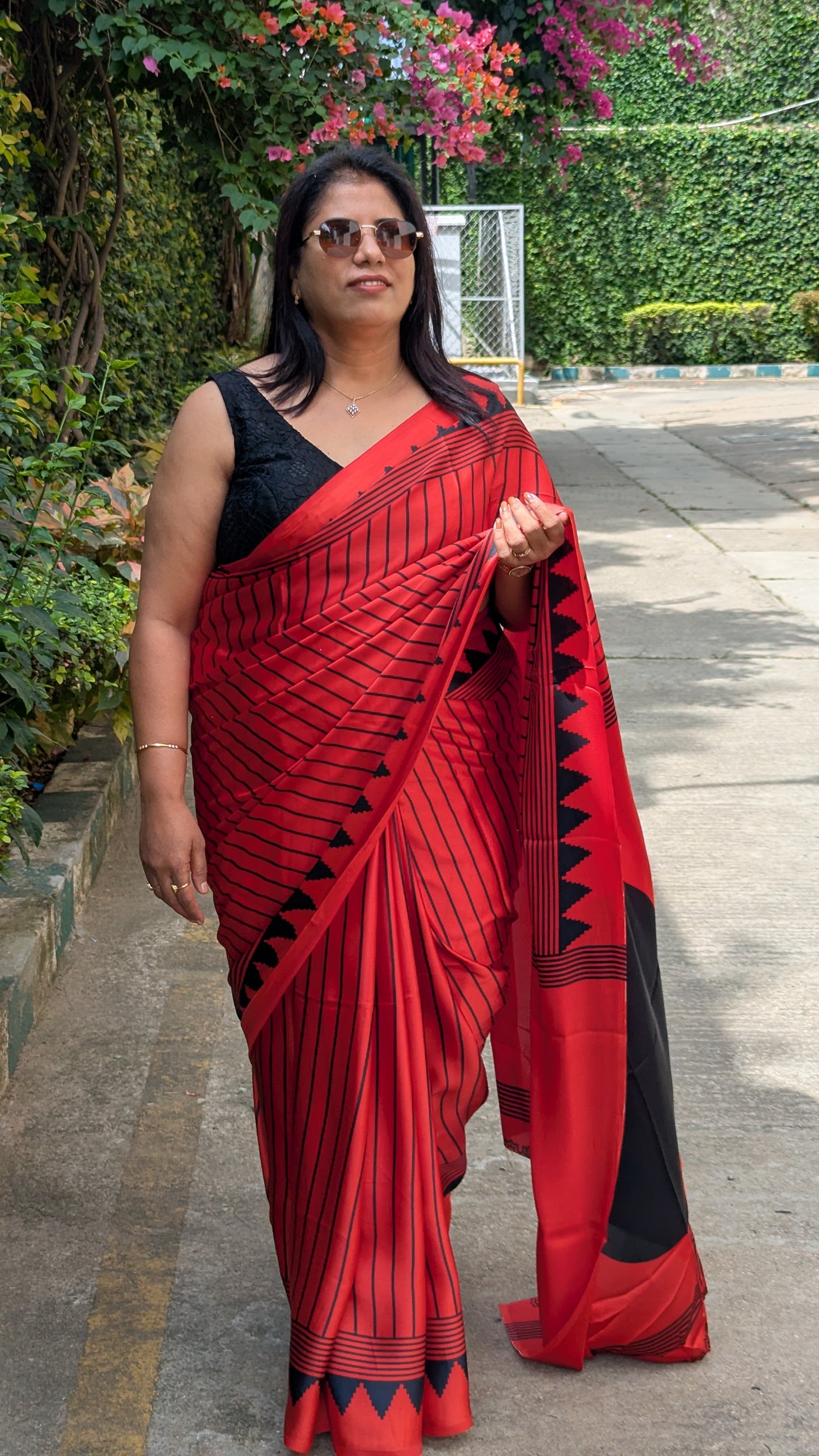 Red and Black Stripes Sateen Silk Saree