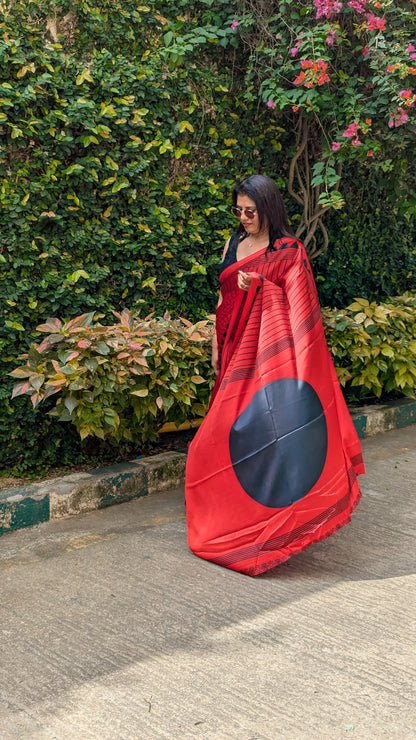 Red and Black Stripes Sateen Silk Saree