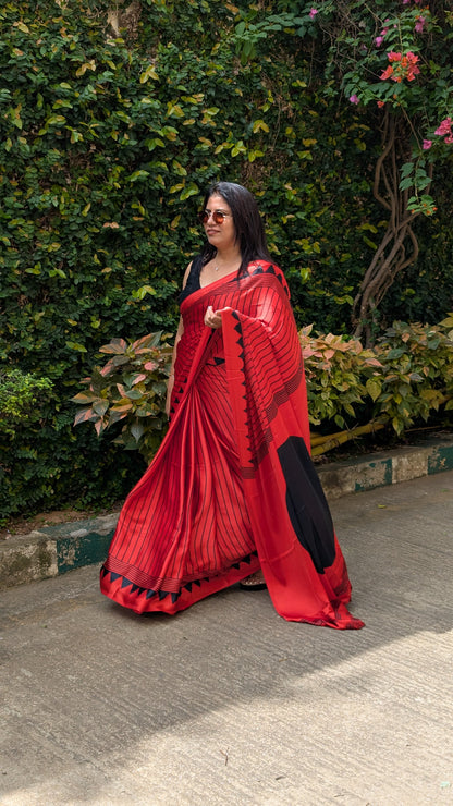 Red and Black Stripes Sateen Silk Saree