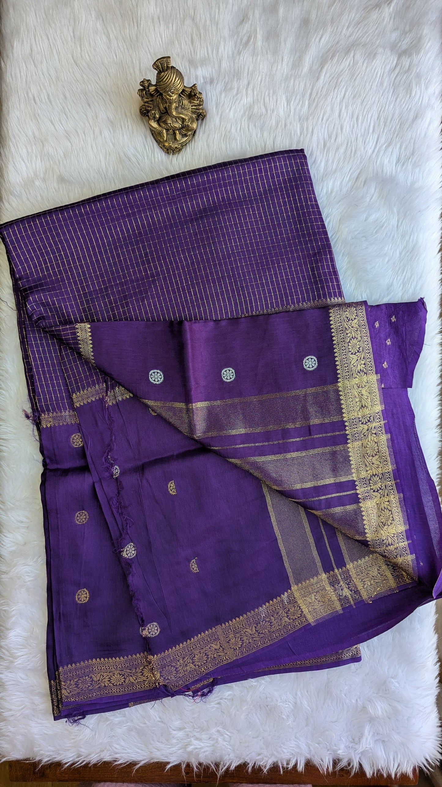 Purple Crepe Silk Saree Center border Zari Checks
