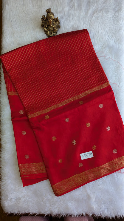 Red Crepe Silk Saree Center border Zari Checks