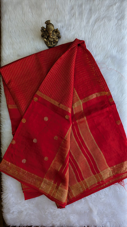 Red Crepe Silk Saree Center border Zari Checks