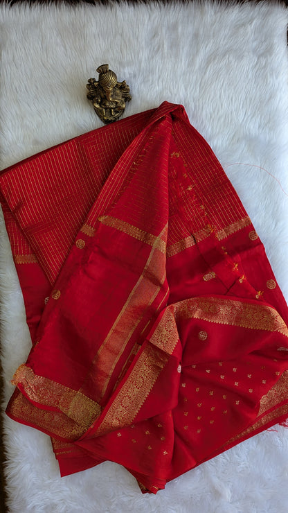 Red Crepe Silk Saree Center border Zari Checks
