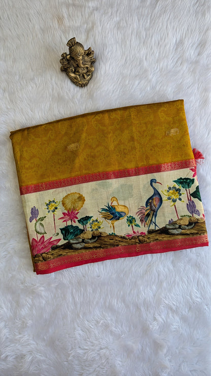 Mustard with Printed Border Crepe Silk Saree