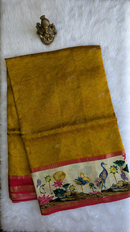 Mustard with Printed Border Crepe Silk Saree