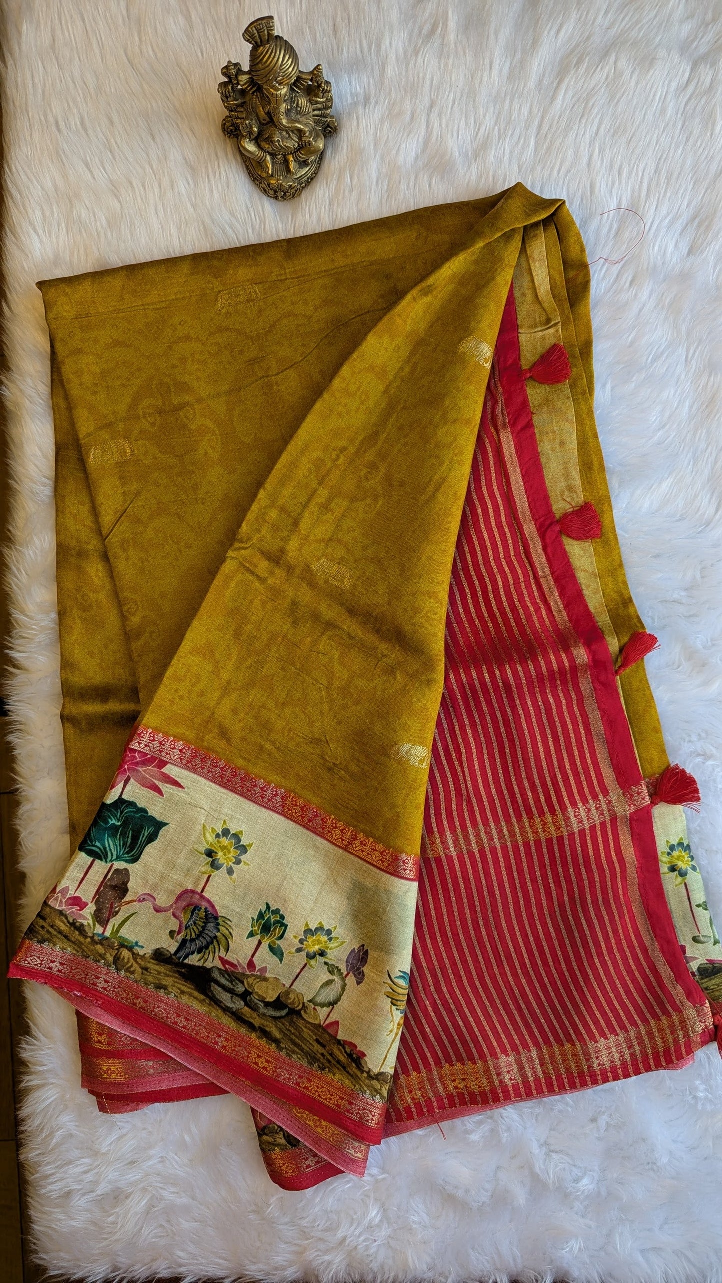 Mustard with Printed Border Crepe Silk Saree
