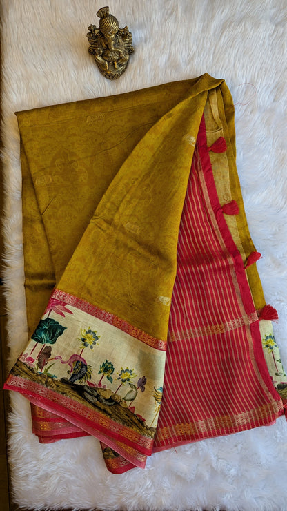 Mustard with Printed Border Crepe Silk Saree