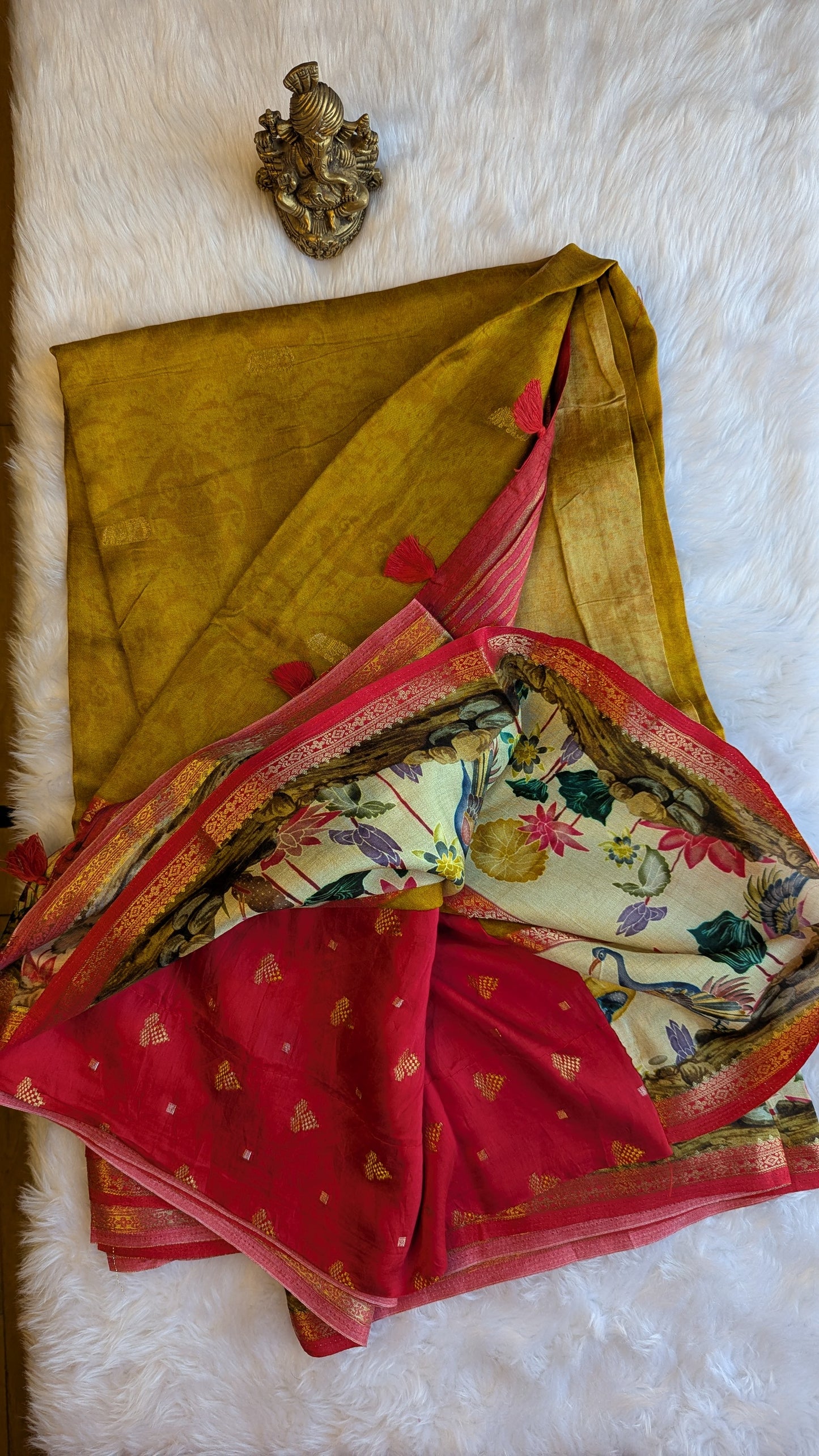 Mustard with Printed Border Crepe Silk Saree