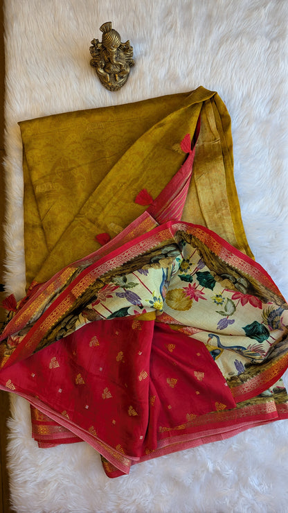 Mustard with Printed Border Crepe Silk Saree