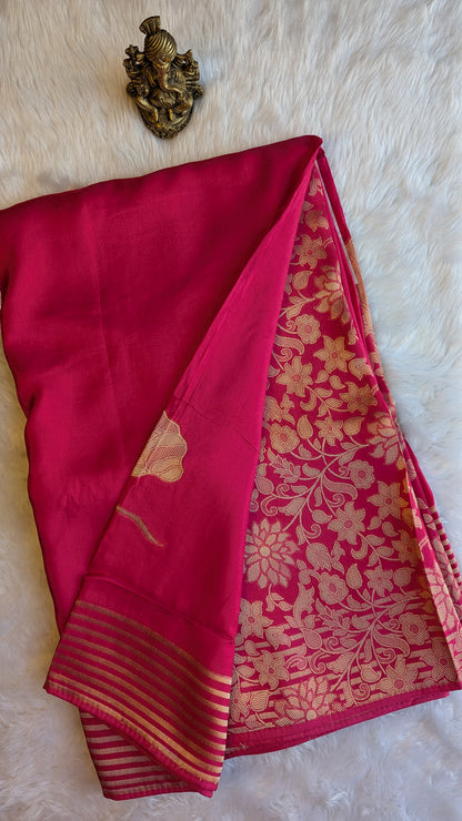 Pink Crepe Silk with Big Zari Flower Motifs