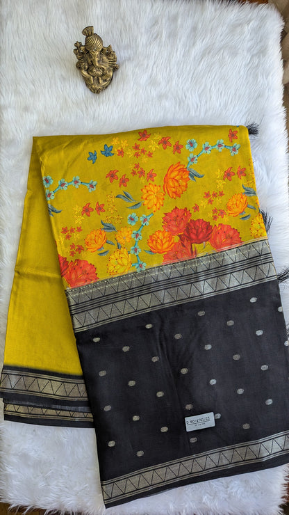 Yellow and Black Half and Half Crepe Silk Saree