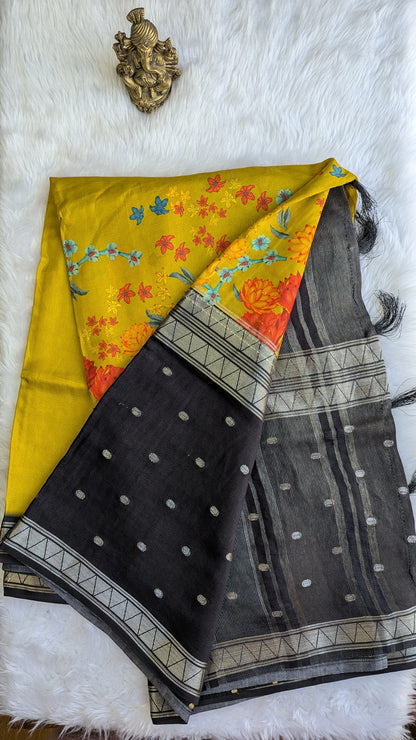 Yellow and Black Half and Half Crepe Silk Saree