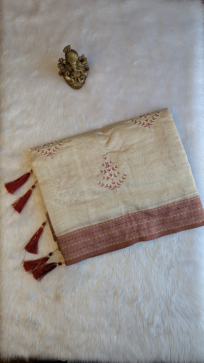 Cream and Brown Cotton mix Tussar silk with Embroidery