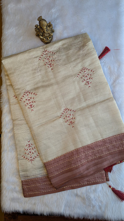 Cream and Brown Cotton mix Tussar silk with Embroidery