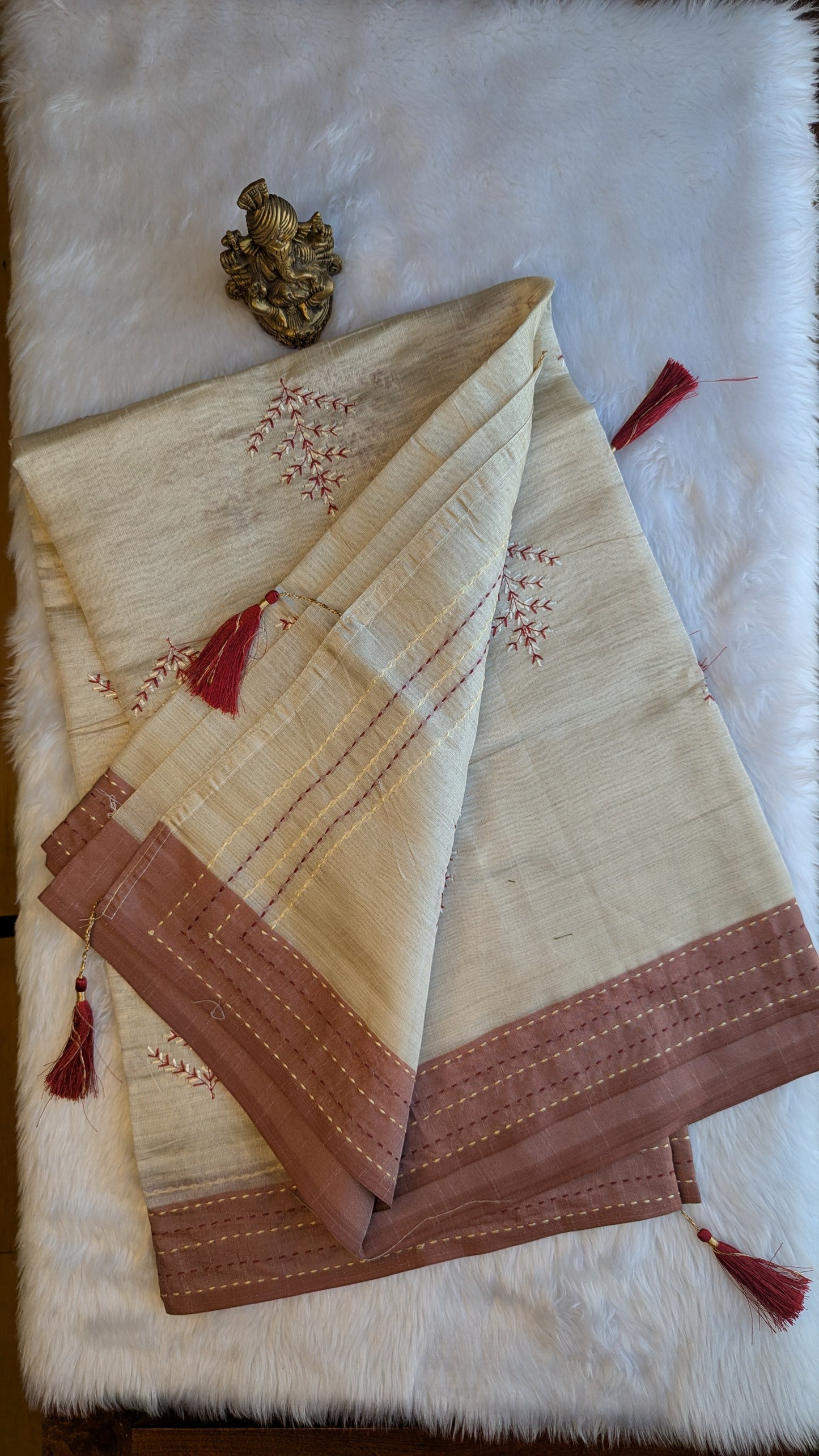 Cream and Brown Cotton mix Tussar silk with Embroidery