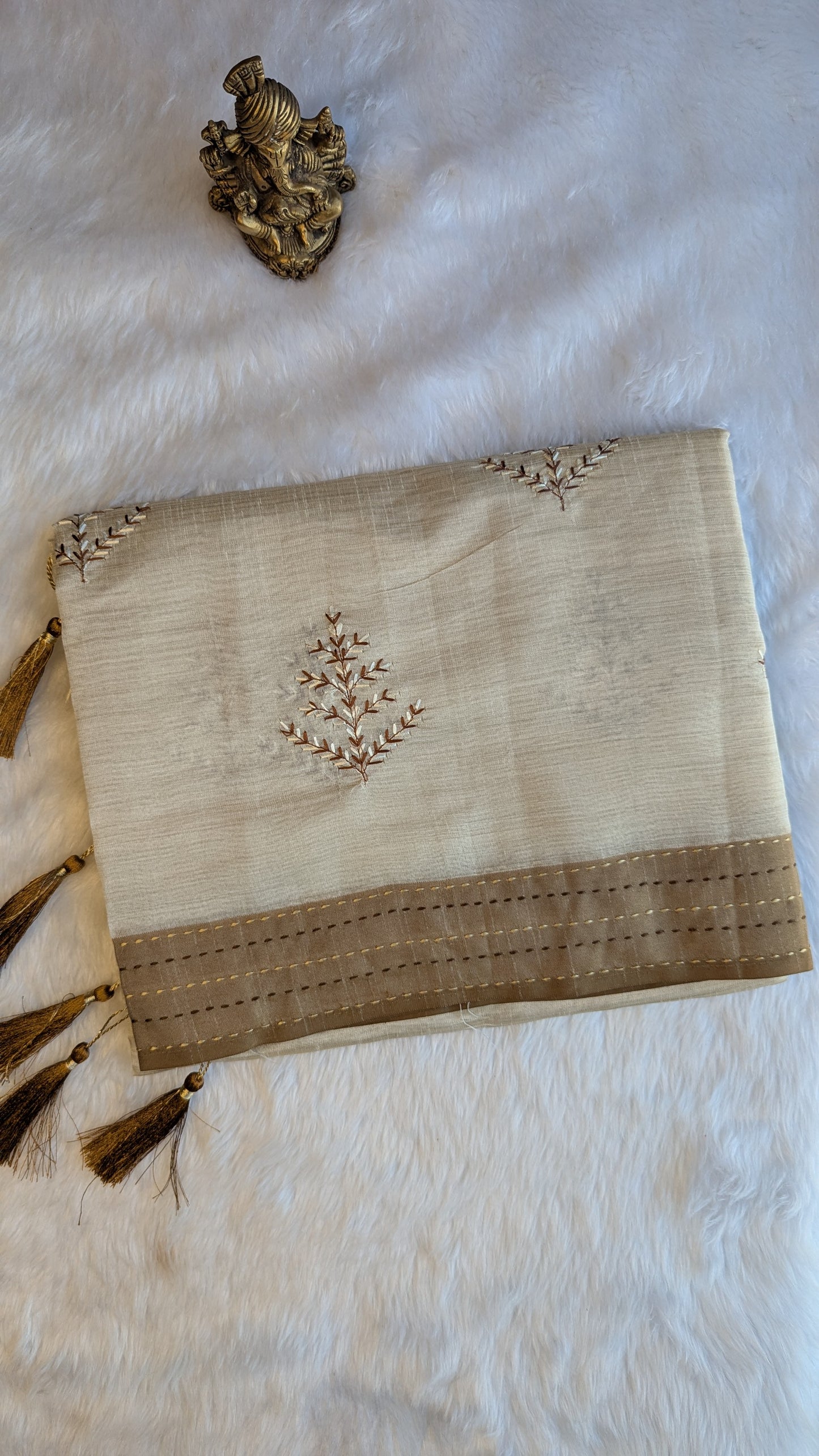 Cream and Brown Cotton mix Tussar silk with Embroidery