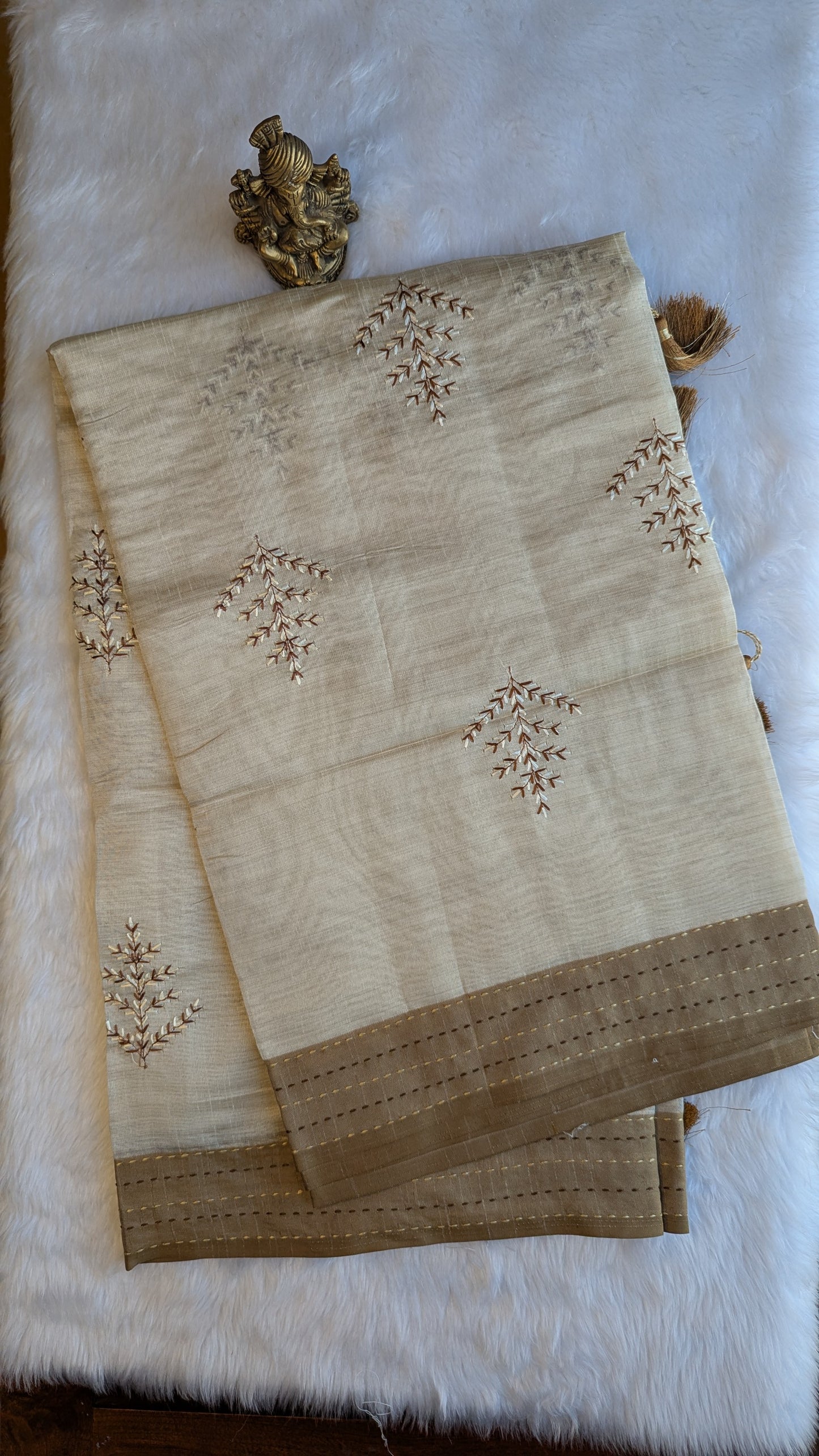 Cream and Brown Cotton mix Tussar silk with Embroidery