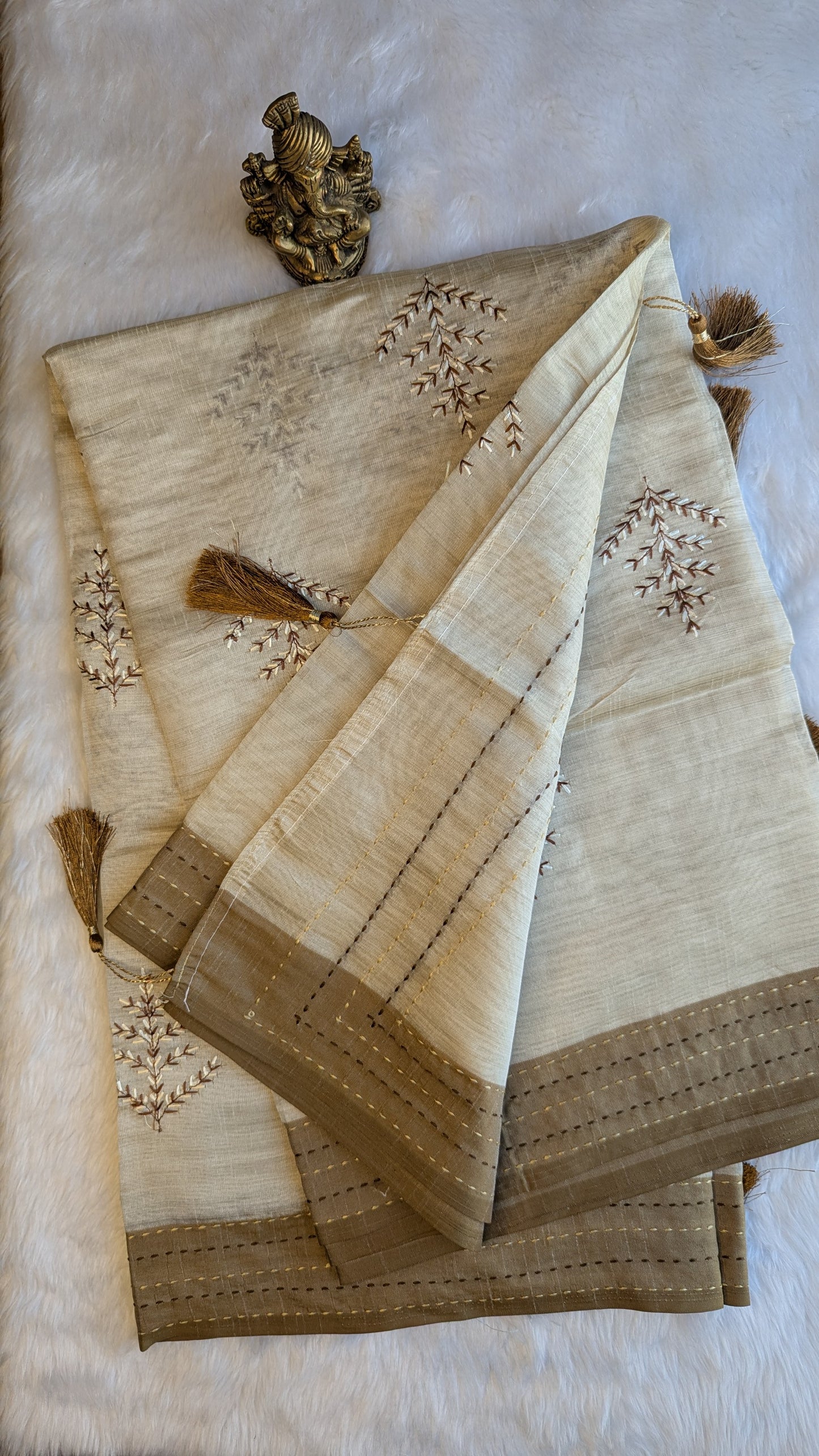 Cream and Brown Cotton mix Tussar silk with Embroidery