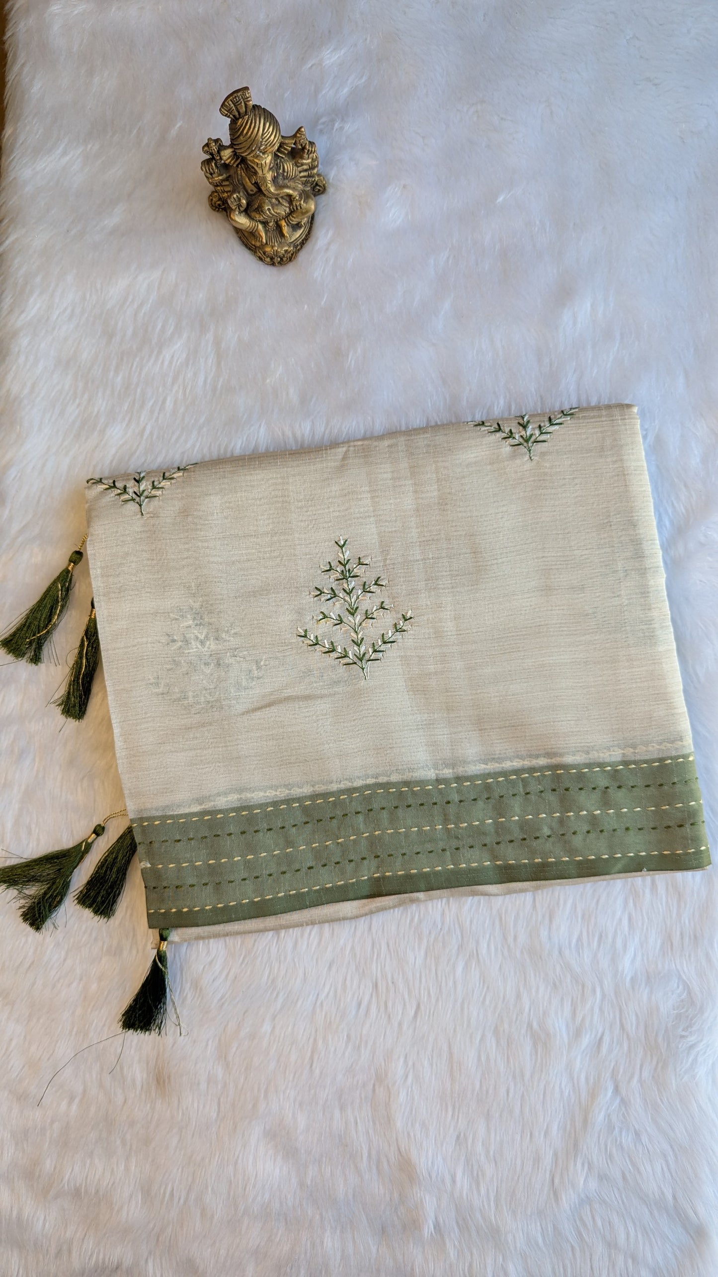 Cream and Green Cotton mix Tussar silk with Embroidery