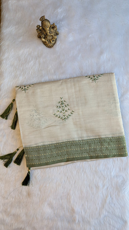 Cream and Green Cotton mix Tussar silk with Embroidery