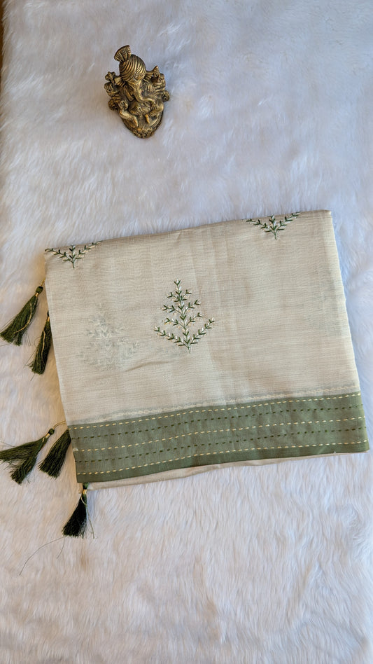 Cream and Green Cotton mix Tussar silk with Embroidery