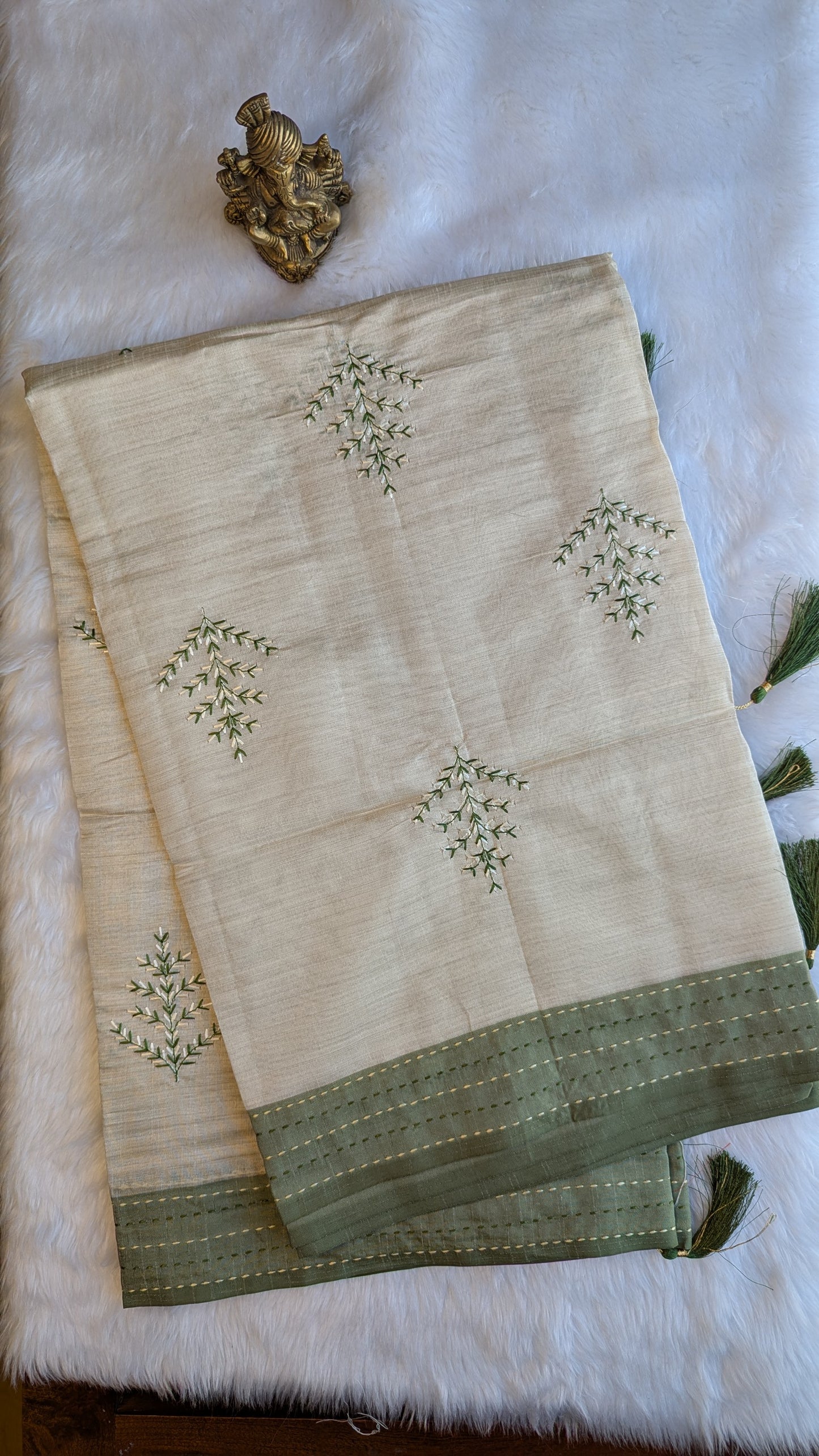 Cream and Green Cotton mix Tussar silk with Embroidery