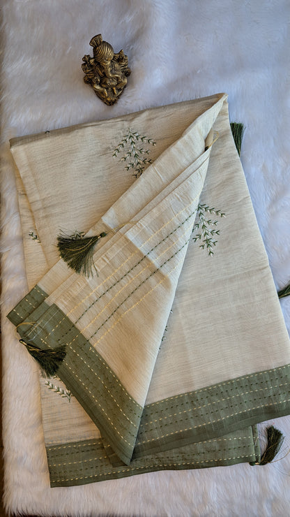 Cream and Green Cotton mix Tussar silk with Embroidery