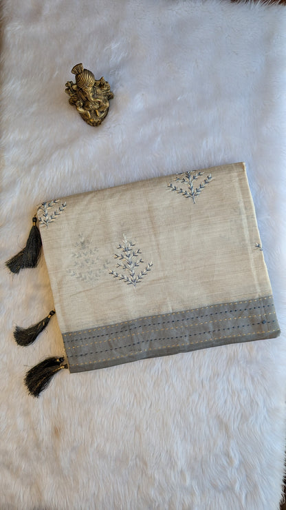 Cream and Grey Cotton mix Tussar silk with Embroidery