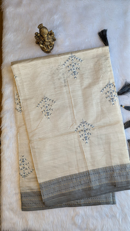 Cream and Grey Cotton mix Tussar silk with Embroidery
